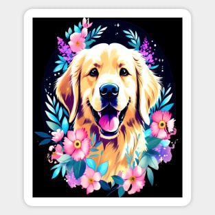 Cute Golden Retriever Surrounded by Beautiful Flowers Magnet